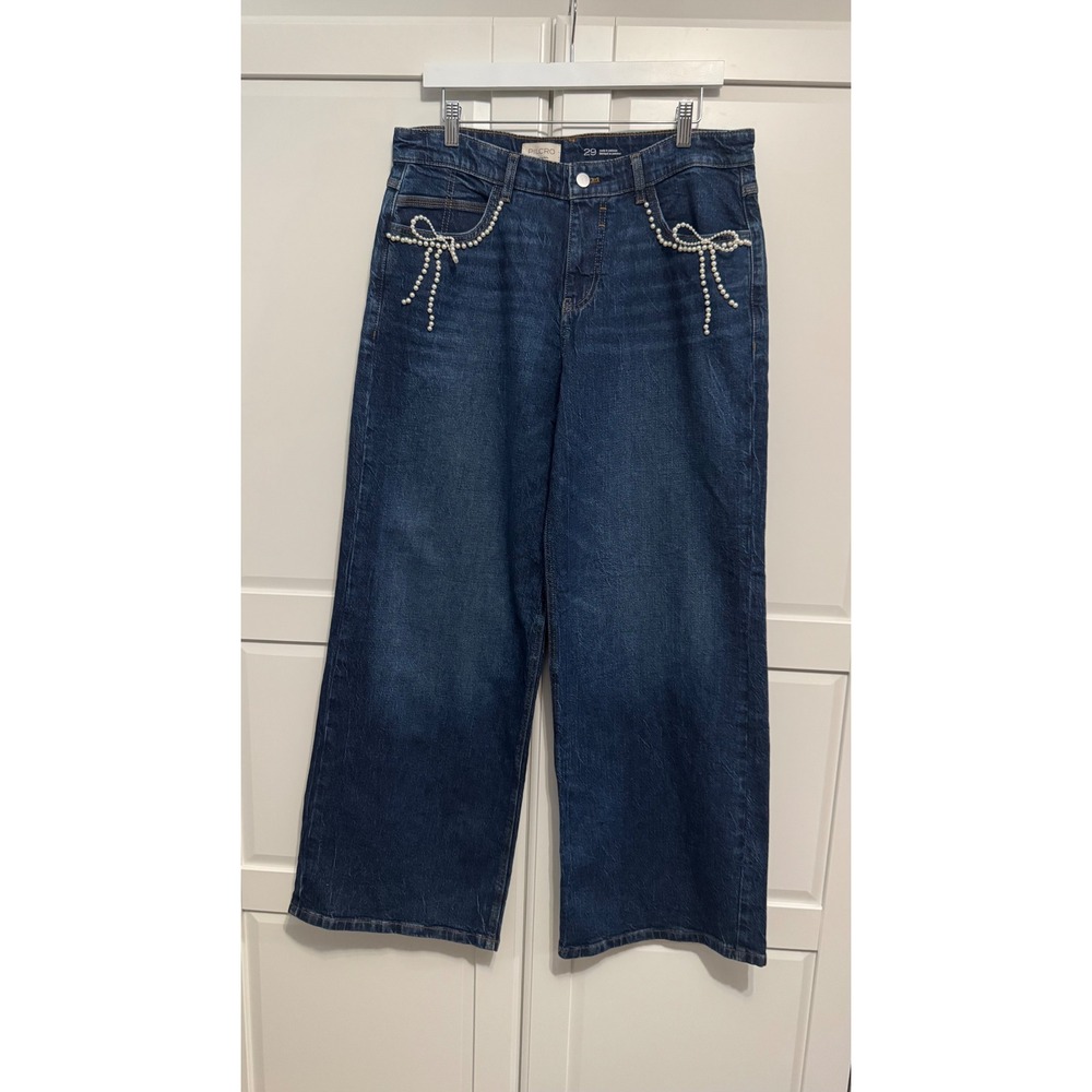Pilcro Anthropologie Pearl Bow Embellished Wide Leg Low Rise Jeans Dark Wash 29 - Picture 6 of 9